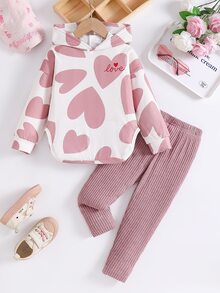 SHEIN Playful Pals 女童愛心印花連帽上衣與羅紋內搭褲兩件套，甜美愛心印花休閒日常穿搭 - 粉色 - 查看 4