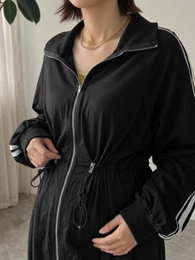 DAZY Contrast Striped Loose Cinched Waist Zipper Long Casual Streetwear Everyday Spring Autumn Maternity Dress - Black - View 3
