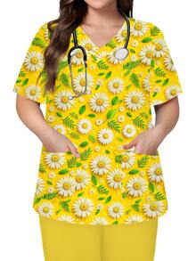 PopScrub Yellow Plus Size V-Neck Short Sleeve Double Pocket Cute Daisy Floral Print Design Nurse, Lab, Doctor Work Uniform, Multi-Pocket Functional Holiday Outfit, Plus Size Daisy Women's Top, Cute - Yellow - View 1
