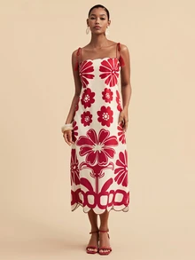Travachic Women's Floral Print Casual Party Spaghetti Strap Dress - Red - View 4