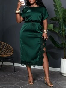 SHEIN Clasi Plus Size Women's Autumn New Bat Sleeve Dress Black & White Polka Dot Suitable For Daily Commute Versatile Multi-Occasion Wear - Dark Green - View 1