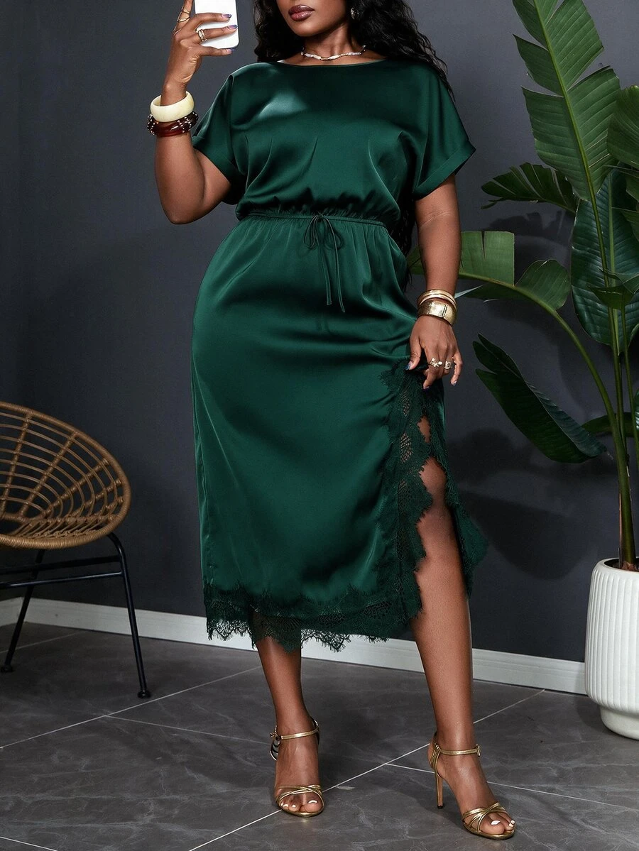 SHEIN Clasi Plus Size Women's Autumn New Bat Sleeve Dress Black & White Polka Dot Suitable For Daily Commute Versatile Multi-Occasion Wear - Dark Green - View 1