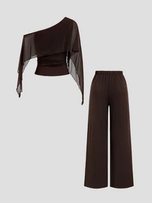 Sweetra Women's Premium Elegant Fashion Charming Urban Modern & Versatile Commute & Brown Asymmetrical Shoulder Long Pants Two Pieces Set - Coffee Brown - View 2