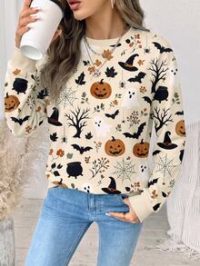 SHEIN LUNE 女款休閒圓領寬鬆衛衣，秋冬服飾，萬聖節造型，幽靈印花、蝙蝠印花、南瓜印花 - 白色 - 查看 4