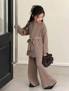 DAZY Tween Girl Crew Neck Long Sleeve Sweater And Knit Pants Set - Khaki - View 7