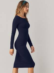 SHEIN BASICS 純色貼身中長洋裝，商務休閒女款／優雅夏季女裝套裝 - 藏蓝色 - 查看 3
