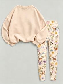 SHEIN 小女孩 2件套 公主卡通印花圓領衛衣與花卉鹿紋印花內搭褲，甜美休閒秋季居家戶外穿著套裝 - 彩色 - 查看 2