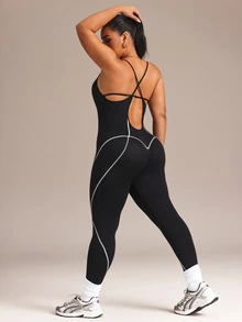 SHEIN Rhythm Era Seamless High Elasticity Plus Size Women's Sports Jumpsuit - Black - View 3