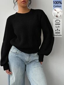SHEIN BASICS Women's Solid Color Round Neck Long Sleeve Casual Versatile Sweater - Black - View 1
