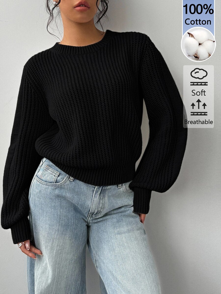 SHEIN BASICS Women's Solid Color Round Neck Long Sleeve Casual Versatile Sweater - Black - View 1