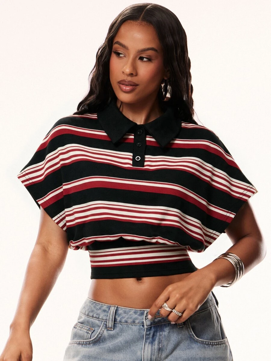 Denimoi Cinched Waist Collared Top Fashion Tops Striped Polo Summer Fashionable Streetwear Polo Shirt - Multicolor - View 1