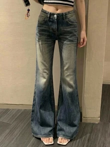 DAZY Women's Blue-Grey Washed Distressed High-Waist Slim Fit Flared Leg Vintage Casual Denim Jeans - Blue - View 6
