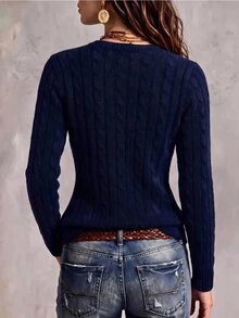 SHEIN Women's Solid Color Notched V-Neck Single-Breasted Long Sleeve Fashion Cardigan Top - Royal Blue - View 2