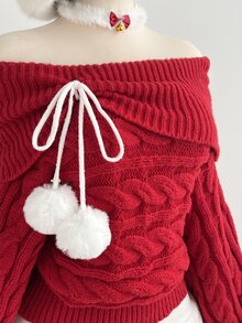 Elamini Women's Red Sexy Versatile Square Neck Cute Pom Pom Daily Commute Christmas Outfit Autumn Winter Pullover Sweater - Red - View 1