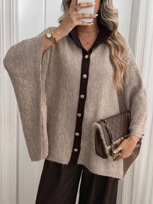 Sprig & Strand Women's Autumn New Single Piece High Neck Metal Button Loose Regular Fit Elegant Lady Girl French Style Graceful Date Daily Commute Versatile Fashion Knit Cardigan Sweater - Apricot - View 2