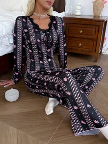 CottageSlumber Ditsy Floral Pajama Set With Delicate Lace Trim, Comfortable Casual Long Sleeve & Long Pants - Black - View 3