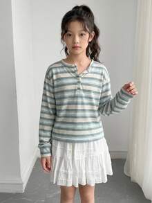Dazy Kids 女童短袖紋理鏤空設計領口T恤（小號） - 藍色 - 查看 3