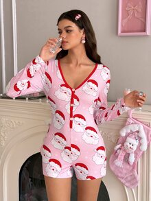 SweetSlumber Cute Sweet Santa Claus Bow Print Contrast Color Button Women's Pajama Jumpsuit - Pink - View 6