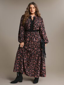 Freevana 女款大尺碼黑色洋裝，碎花圖案，蕾絲細節，長燈籠袖，優雅休閒適合外出，秋冬女裝 - 黑色 - 查看 8