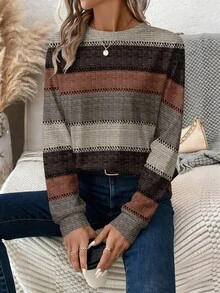 EMERY ROSE Women's Colorblock Horizontal Striped Crew Neck Casual Everyday Versatile Long Sleeve T-Shirt - Multicolor - View 5