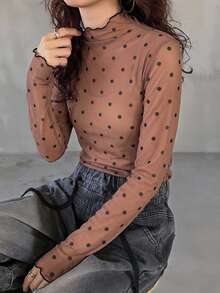 FRIFUL 女款波點印花立領長袖修身上衣 - 棕色 - 查看 5