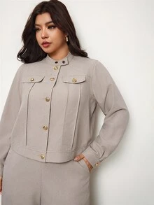 Enliva Plus Size Women's Two Pieces Pants Set Cropped Jacket High Waist Trousers Elegant Matching Outfit Flattering Compatible With Apple Shape - Khaki - View 6