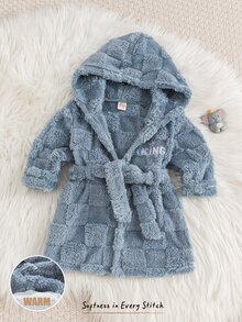 Cozy Pixies 兒童男嬰休閒日常舒適刺繡毛絨連帽前開襟長袖晨袍家居服 - 藍色 - 查看 3