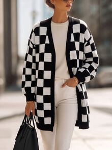SHEIN Casual Loose Fit V-Neck Long Sleeve Knit Contrast Color Checkerboard Design Black & White Women's Spring Autumn Cardigan - Black and White - View 1