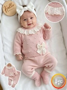 SHEIN Bean Paste Pink Baby Girl Twisted Knit 2-Piece Set, Hollow Lace ...