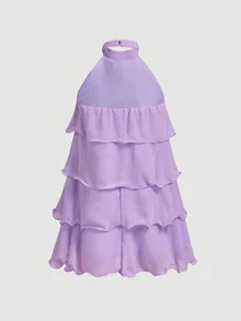 Skyraze White Multi-Layer Ruffle Halter Neck Stand Collar Mini Dress - Lilac Purple - View 2