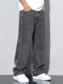 QuarKem Herrjeans i denim med snöflingetvätt, dragsko i midjan och vida ben, avslappnade långbyxor med lös passform och fickor - Grå - Visa 4