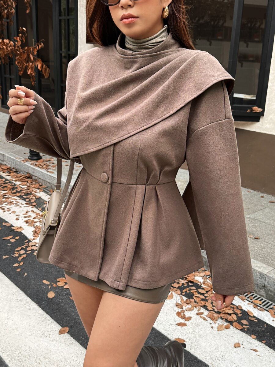 Vionelle Plus Size Elegant Sexy Faux Fur Cuff Overcoat Solid Color Long Sleeve Open Front Jacket Fall Office Formal Brown Winter - Brown - View 1