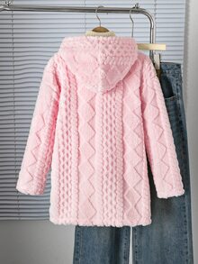 SHEIN Sparklyn Tween女孩休閒百搭日常校園穿著愛心提花抓絨領開襟中長版秋冬外套 - 粉色 - 查看 2