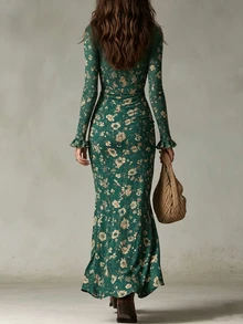 Glimmora Women's Autumn/Winter Fashion Vintage Long Sleeve Ruffle Trim Square Neck Elastic Bodycon High Slit Dress - Green - View 2