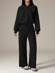 SHEIN PETITE 2pcs Women Casual Sports Jacket And High Waist Stretch Pants Set, Autumn And Winter - Black - View 4