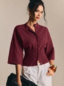 Poéselle 女款復古時尚鈕扣收腰針織開襟衫 - 酒紅色 - 查看 8