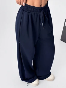 SHEIN EZwear 海軍藍大尺碼春夏百搭抽繩運動長褲 - 藏蓝色 - 查看 10