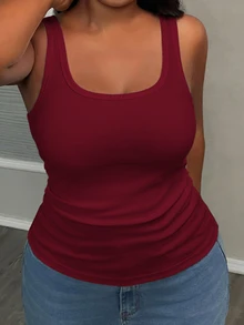 Slaydiva Plus Size Women Solid Color Square Neck Casual Versatile Tank Top - Burgundy - View 4