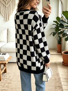 SHEIN Casual Loose Fit V-Neck Long Sleeve Knit Contrast Color Checkerboard Design Black & White Women's Spring Autumn Cardigan - Black and White - View 2