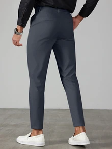 Manfinity Bizformal Men's Solid Color Drawstring Pocket Slim Fit Business Casual Suit Pants - Dusty Blue - View 3