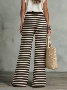 SHEIN Franclia All Casual Striped Knit Pants, Women Drawstring High Waist Flare Leg Trousers - Chocolate Brown - View 2