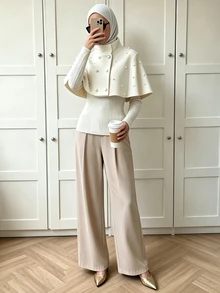 Celisse 女款優雅休閒日常通勤杏色二合一鈕扣珍珠領披肩領打底上衣外套 - 彩色 - 查看 7