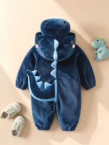 SHEIN 1件新生兒男嬰動物連身衣 可愛甜美海軍藍恐龍尾巴尖刺長袖連帽加厚款 萬聖節派對冬季萬聖節聖誕毛絨 - 藏蓝色 - 查看 3