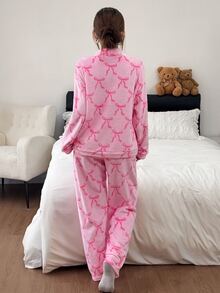 Napfluff Women's Autumn/Winter V-Neck Bow Coral Fleece Pajama Set - Multicolor - View 2
