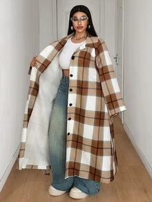 Maweii Jaket Wanita Plus Size Kasual Minimalis Gaya Street Nyaman untuk Komuter Musim Gugur Motif Kotak Kancing Longgar Panjang dengan Tali Pinggang - Khaki - View 8