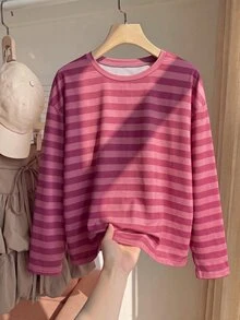 Comfortcana Plus Size Korean Style Minimalist Striped Colorblock Long Sleeve Crew Neck T-Shirt - Watermelon Pink - View 8