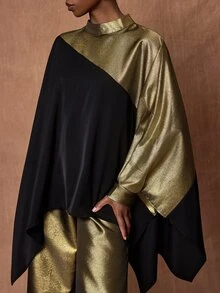 Zivah Elegant Women's Long Sleeve Patchwork Shiny Fabric Top & Wide Leg Pants 2 Pieces Set, Versatile For Commuting, Travel And Party - Black - View 7