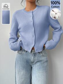 SHEIN BASICS 女款圓領長袖單排扣純色針織開襟衫 - 藍色 - 查看 4