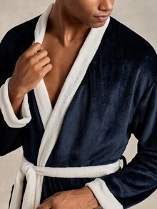 EverLounge Autumn/Winter Men's British Style Minimalist Basic Comfortable Soft Navy Blue Flannel Contrast White Long Robe - Navy Blue - View 6
