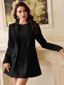 Vintamour Set Gaun Tanpa Lengan dan Blazer Wanita Bergaya Vintage Elegan Warna Polos - Hitam - View 6